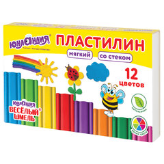 Пластилин мягкий ЮНЛАНДИЯ &laquo;ВЕСЕЛЫЙ ШМЕЛЬ&raquo;, 12 цветов, 180 г, СО СТЕКОМ, 106672