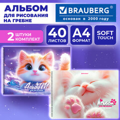 Альбомы для рисования ДЭК, А4, 40 л., КОМПЛЕКТ 2 шт., гребень, Soft-touch, BRAUBERG, 200&times;290 мм, &laquo;Лапки&raquo;, 107747