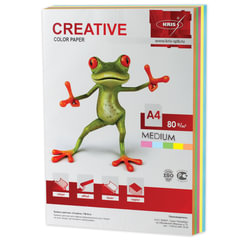 Бумага цветная CREATIVE color, А4, 80 г/<wbr/>м<sup>2</sup>, 250 л., (5 цветов х 50 л.), микс медиум, БОpr-250r
