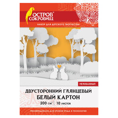 Картон белый А4 МЕЛОВАННЫЙ (белый оборот), 10 листов, в папке, ОСТРОВ СОКРОВИЩ, 200&times;290 мм, 111312