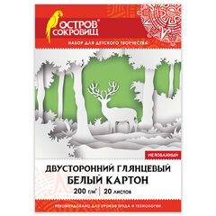 Картон белый А4 МЕЛОВАННЫЙ (белый оборот), 20 листов, в папке, ОСТРОВ СОКРОВИЩ, 200&times;290 мм, 111313