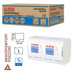 Полотенца бумажные 200 шт., LAIMA (H3) UNIVERSAL WHITE, 1-слойные, белые, КОМПЛЕКТ 15 пачек, 23&times;20,5, V-сложение, 111342