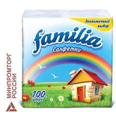 Салфетки бумажные 100 шт., 24&times;23 см, FAMILIA, белые, 100% целлюлоза