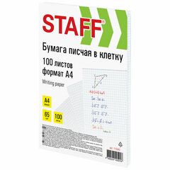 Бумага писчая в клетку А4, 65 г/<wbr/>м<sup>2</sup>, 100 листов, Россия, белизна 92% (ISO), STAFF, 115343