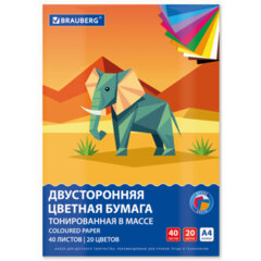 Цветная бумага А4 ТОНИРОВАННАЯ В МАССЕ, 40 листов, 20 цветов, склейка, 80 г/<wbr/>м<sup>2</sup>, BRAUBERG, 116339