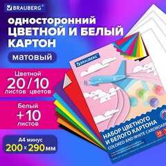 Набор картона БЕЛЫЙ + ЦВЕТНОЙ, A4, немелованный, 30 листов (белый 10 листов + цветной 20 листов, 10 цветов), папка, BRAUBERG, 116422