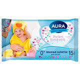 Салфетки влажные детские 15 шт., AURA Ultra Comfort, 0+, без спирта