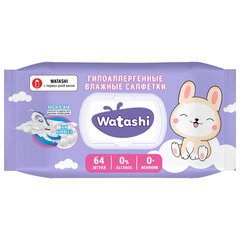 Салфетки влажные детские 64 шт., WATASHI, без спирта, 0+, с пластиковым клапаном