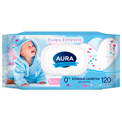 Салфетки влажные детские 120 шт., AURA Ultra Comfort с алоэ и витамином Е, 0+, крышка клапан
