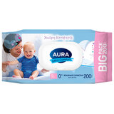 Салфетки влажные детские 200 шт., AURA Ultra Comfort, без спирта, 0+, с пластиковым клапаном
