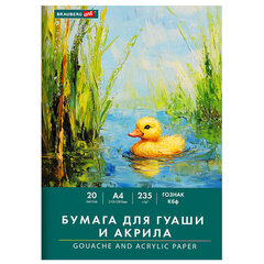 Бумага для гуаши и акрила А4 20 л., 235 г/<wbr/>м<sup>2</sup>, 210&times;297 мм, в папке, BRAUBERG ART CLASSIC, &laquo;Уточка&raquo;, 117732
