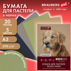 Бумага для пастели ФАКТУРНАЯ, А3, в папке, 20 листов, 5 цветов, 270 г/<wbr/>м<sup>2</sup>, BRAUBERG ART, 117756