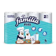 Полотенца бумажные бытовые, спайка 4 шт., 2-слойные (4&times;12 м), FAMILIA PLUS, 22,7&times;12 см, белые
