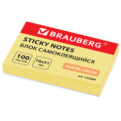 Блок самоклеящийся (стикеры) BRAUBERG, ПАСТЕЛЬНЫЙ, 76&times;51 мм, 100 листов, желтый, 122689