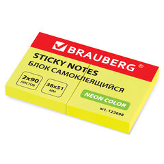 Блок самоклеящийся (стикеры), BRAUBERG, НЕОНОВЫЙ, 38&times;51 мм, 90 листов, КОМПЛЕКТ 2 штуки, желтый, 122698