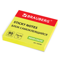 Блок самоклеящийся (стикеры), BRAUBERG, НЕОНОВЫЙ, 76&times;76 мм, 90 листов, желтый, 122702