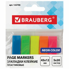 Закладки клейкие неоновые BRAUBERG, 45&times;12 мм, 100 штук (5 цветов х 20 листов), на пластиковом основании, 122706