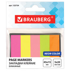 Закладки клейкие неоновые BRAUBERG бумажные, 45&times;15 мм, 100 штук (5 цветов х 20 листов), в картонной книжке, 122734