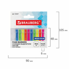 Закладки клейкие неоновые BRAUBERG, 48&times;6 мм, 200 штук (10 цветов х 20 листов), 123227
