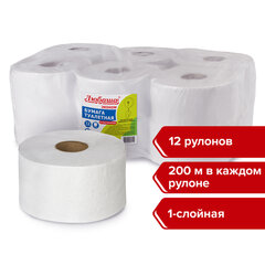 Бумага туалетная ЛЮБАША (Система T2) 1-слойная 12 рулонов по 200 метров, отбеленная, 124546