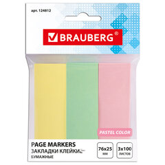 Закладки клейкие пастельные BRAUBERG бумажные, 76&times;25 мм, 300 штук (3 цвета х 100 листов), европодвес, 124812