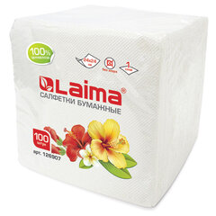 Салфетки бумажные 100 штук, 24&times;24 см, LAIMA, белые, 100% целлюлоза, 126907