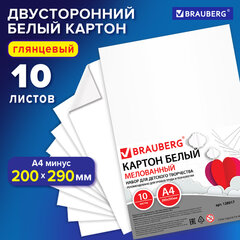 Картон белый А4 МЕЛОВАННЫЙ (белый оборот), 10 листов, BRAUBERG, 200&times;290 мм, 128017