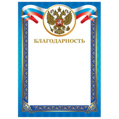Грамота &laquo;Благодарность&raquo;, А4, мелованный картон, конгрев, тиснение фольгой, синяя рамка, BRAUBERG, 128345