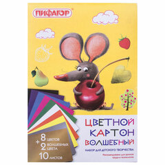 Картон цветной А4 немелованный (матовый), ВОЛШЕБНЫЙ, 10 листов 10 цветов, в папке, ПИФАГОР, 200&times;290 мм, &laquo;Мышонок&raquo;, 129913