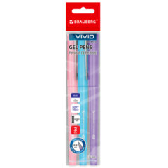 Ручки гелевые с грипом BRAUBERG &laquo;VIVID PASTEL&raquo;, СИНИЕ, НАБОР 3 ШТ., игольчатый узел 0,5 мм, линия письма 0,35 мм, 144540