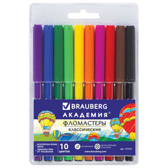 Фломастеры BRAUBERG &laquo;АКАДЕМИЯ&raquo;, 10 цветов, вентилируемый колпачок, ПВХ упаковка, 151410