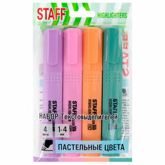 Набор текстовыделителей 4 ПАСТЕЛЬНЫХ ЦВЕТА, АССОРТИ, STAFF College &laquo;STICK PASTEL&raquo;, линия письма 1-4 мм, скошенный наконечник, 152531