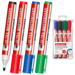 Маркеры стираемые для белой доски, НАБОР 4 ЦВЕТА, BRAUBERG &laquo;ULTRA WHITEBOARD MARKER&raquo;, 3 мм, 152635