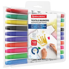 Маркеры для ткани 10 ЦВЕТОВ, TEXTILE MARKER, несмываемые, круглый наконечник 1-3 мм, BRAUBERG, 152656