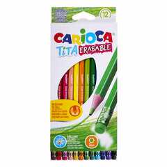 Карандаши цветные стираемые с резинкой CARIOCA &laquo;Erasable&raquo;, 12 цветов, шестигранные, грифель 3 мм, 42897