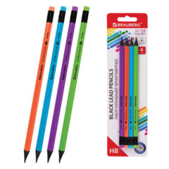 Набор карандашей чернографитных BRAUBERG &laquo;ULTRA COLOR&raquo; 4 шт., HB, с ластиком, пластиковые, 181709