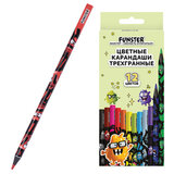 Карандаши цветные FUNSTER (ФАНСТЕР) МОНСТРИКИ, 12 цветов, черный корпус с принтом, трехгранные, 182065