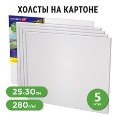 Холсты на картоне НАБОР 5 шт. (25&times;30 см), 280 г/<wbr/>м<sup>2</sup>, грунт, 100% хлопок, BRAUBERG ART CLASSIC, 192504