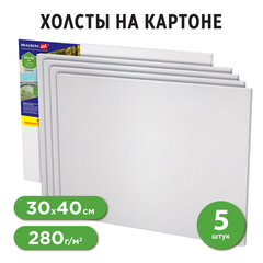 Холсты на картоне НАБОР 5 шт. (30&times;40 см), 280 г/<wbr/>м<sup>2</sup>, грунт, 100% хлопок, BRAUBERG ART CLASSIC, 192505
