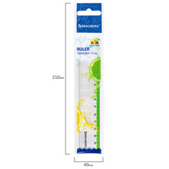 Линейка пластиковая 15 см BRAUBERG &laquo;FRESH ZONE&raquo;, прозрачная, с салатовой шкалой, 210748