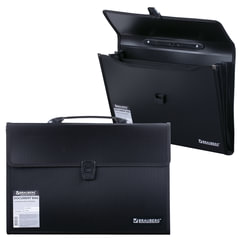 Папка-портфель пластиковая BRAUBERG А4+ (390&times;260&times;40 мм), 3 отделения, фактура линейная, черная, 221389