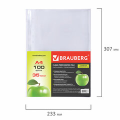 Папки-файлы перфорированные А4 BRAUBERG &laquo;PREMIUM&raquo;, комплект 100 шт., гладкие, &laquo;Яблоко&raquo;, 35 мкм, 221710