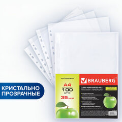 Папки-файлы перфорированные А4 BRAUBERG &laquo;PREMIUM&raquo;, комплект 100 шт., гладкие, &laquo;Яблоко&raquo;, 35 мкм, 221710