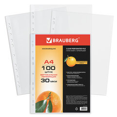 Папки-файлы перфорированные, А4, BRAUBERG &laquo;STANDARD&raquo;, комплект 100 шт., матовые, 30 мкм, 221991