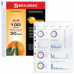 Папки-файлы перфорированные, А4, BRAUBERG &laquo;STANDARD&raquo;, комплект 100 шт., матовые, 30 мкм, 221991