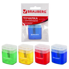 Точилка BRAUBERG &laquo;OfficeBox&raquo;, с контейнером и крышкой, прямоугольная, в упаковке с подвесом, ассорти, 222494