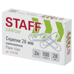 Скрепки STAFF &laquo;EVERYDAY&raquo;, 28 мм, оцинкованные, 100 шт., в картонной коробке, Россия, 224799