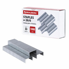 Скобы BRAUBERG № 26/<wbr/>6 (для степлеров 24/<wbr/>6), 1000 штук, экономичные, до 30 листов, 225973
