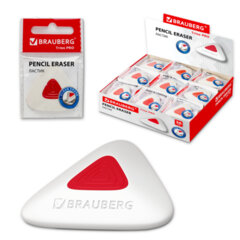 Ластик BRAUBERG &laquo;Trios PRO&raquo;, 36&times;36&times;9 мм, белый, треугольный, красный пластиковый держатель, 229559