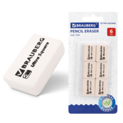 Ластики BRAUBERG &laquo;Ultra Square&raquo; 6 шт., размер ластика 29&times;18&times;8 мм, белые, натуральный каучук, 229603